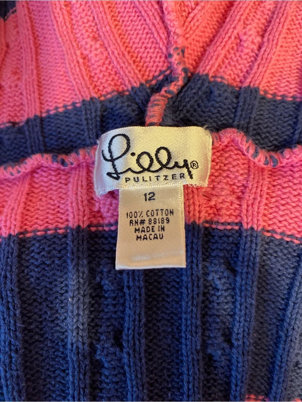 Lilly Pulitzer pink navy striped zip up cotton sweater, girls size 12